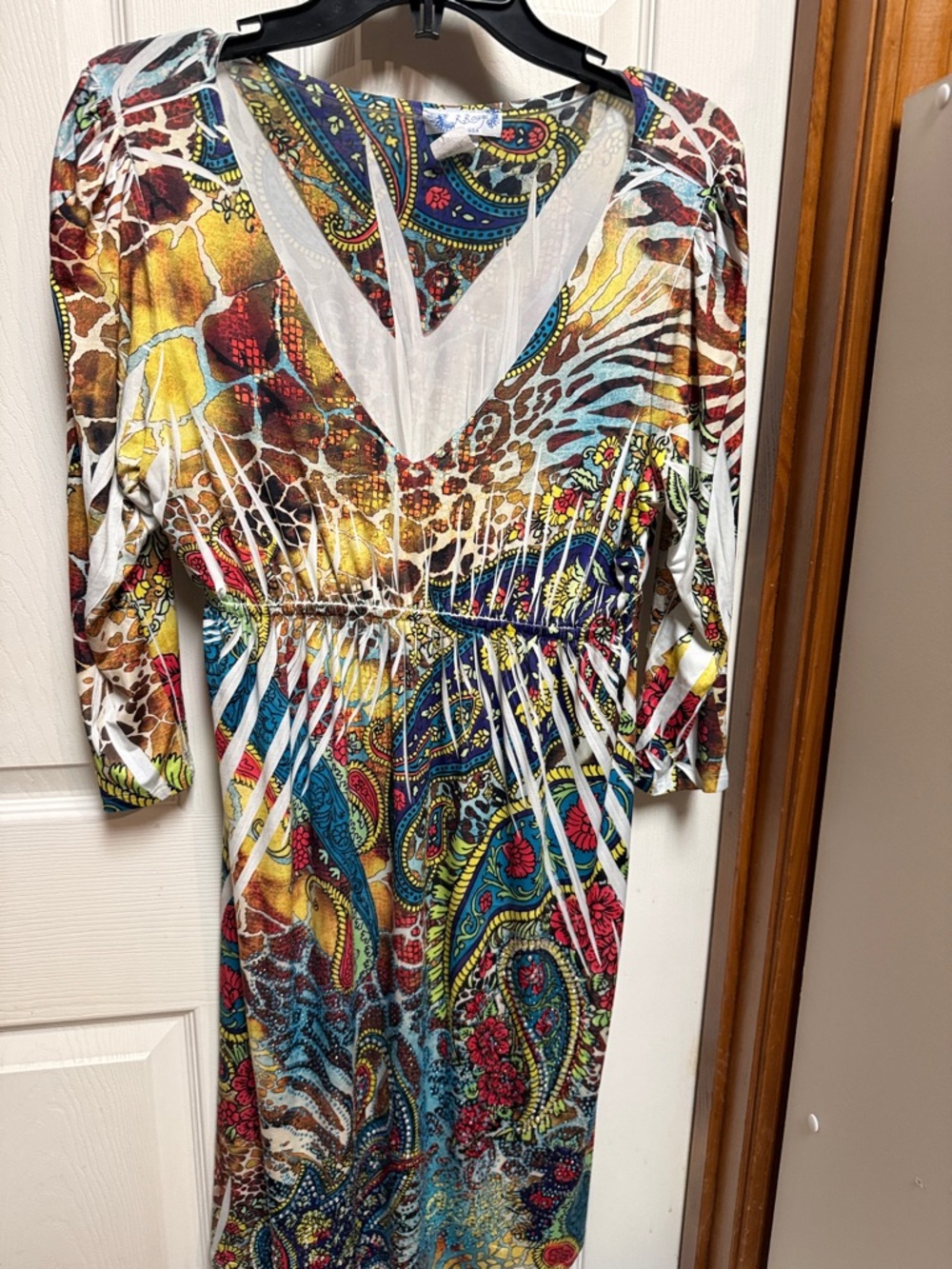 V-Neck Multicolor Paisley & Animal Print Long Sleeve Dress